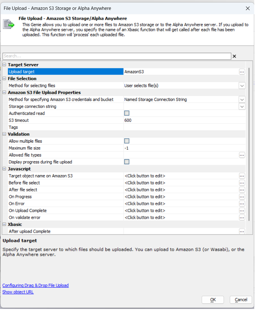 Options available for the 'S3' Upload target.